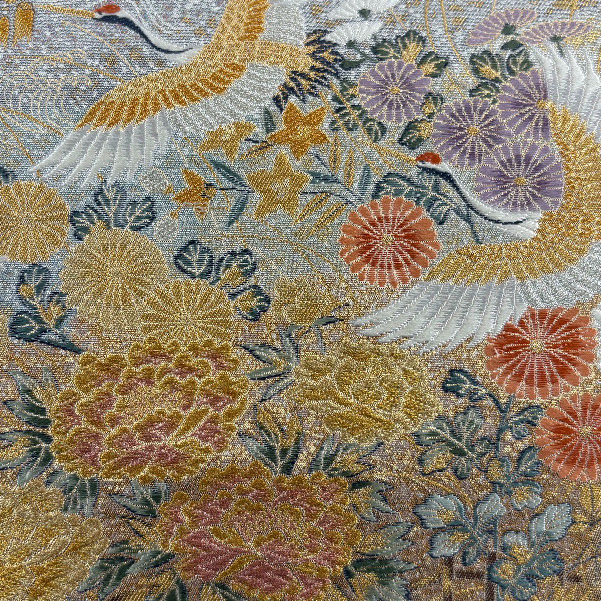 【美品】 袋帶 秀品級 關西仕立 雀 草花紋紋 金銀彩 刺繡 銀 六通 純蠶絲