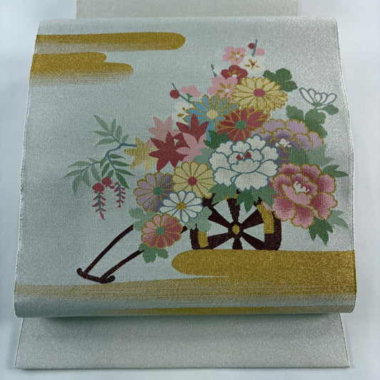 【美品】 名古屋帶 優品級 八寸名古屋帶 松樹葉仕立 花車 ヱ霞 金銀彩 灰色 純蠶絲