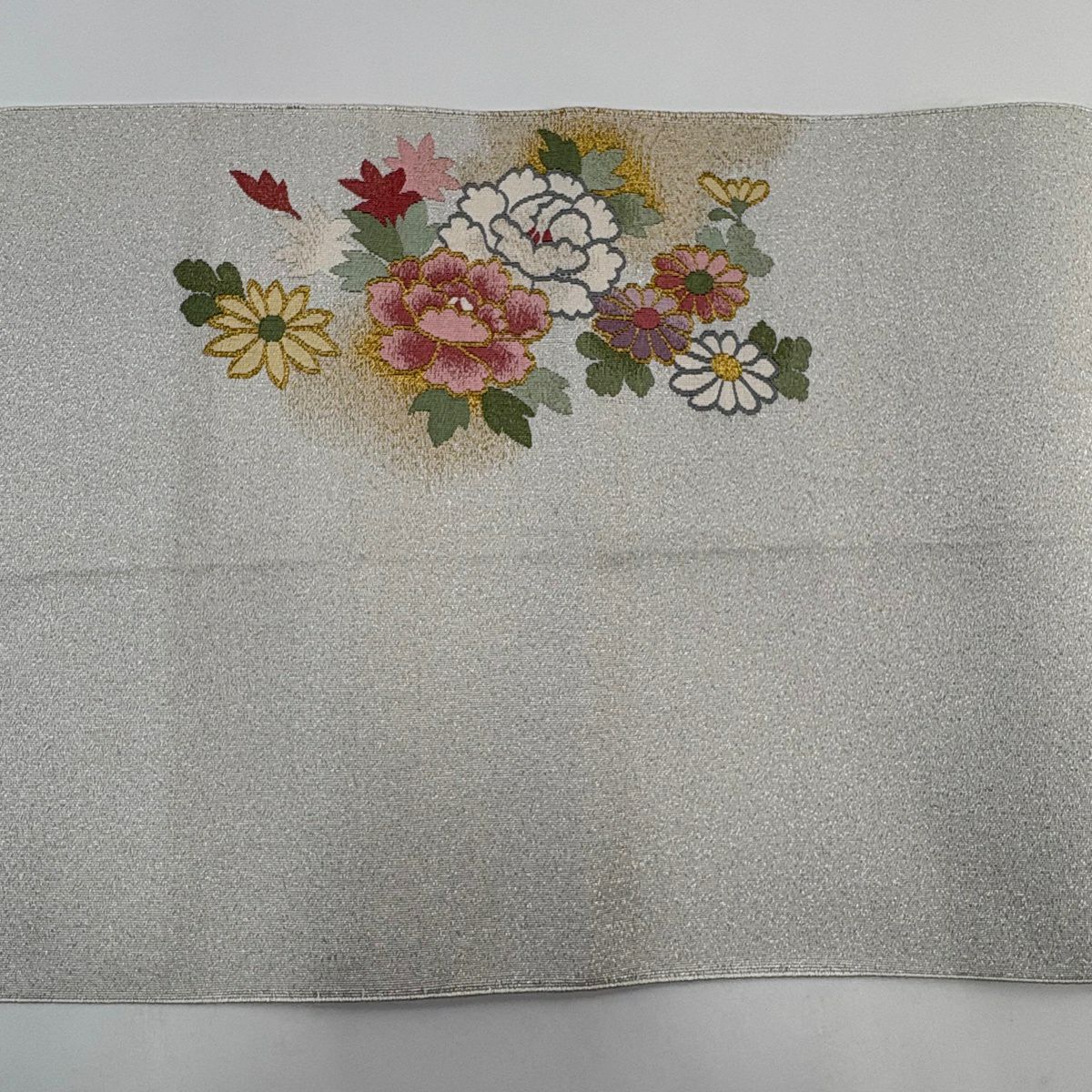 【美品】 名古屋帶 優品級 八寸名古屋帶 松樹葉仕立 花車 ヱ霞 金銀彩 灰色 純蠶絲