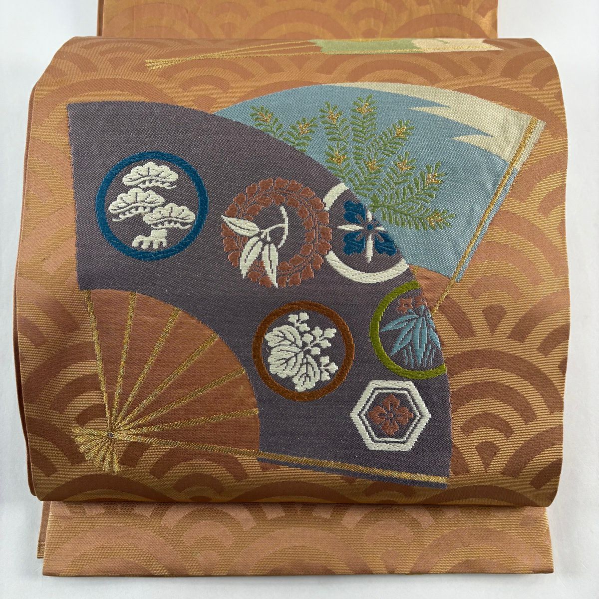 袋帶 秀品級 扇子形 青海波 金金箔 金絲 淺茶 純蠶絲
