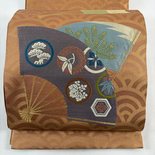 袋帶 秀品級 扇子形 青海波 金金箔 金絲 淺茶 純蠶絲