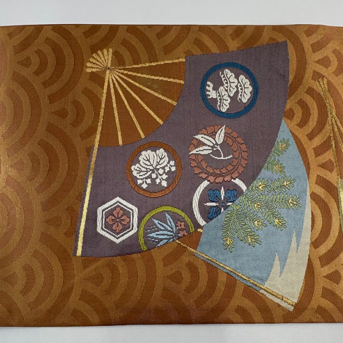 袋帶 秀品級 扇子形 青海波 金金箔 金絲 淺茶 純蠶絲