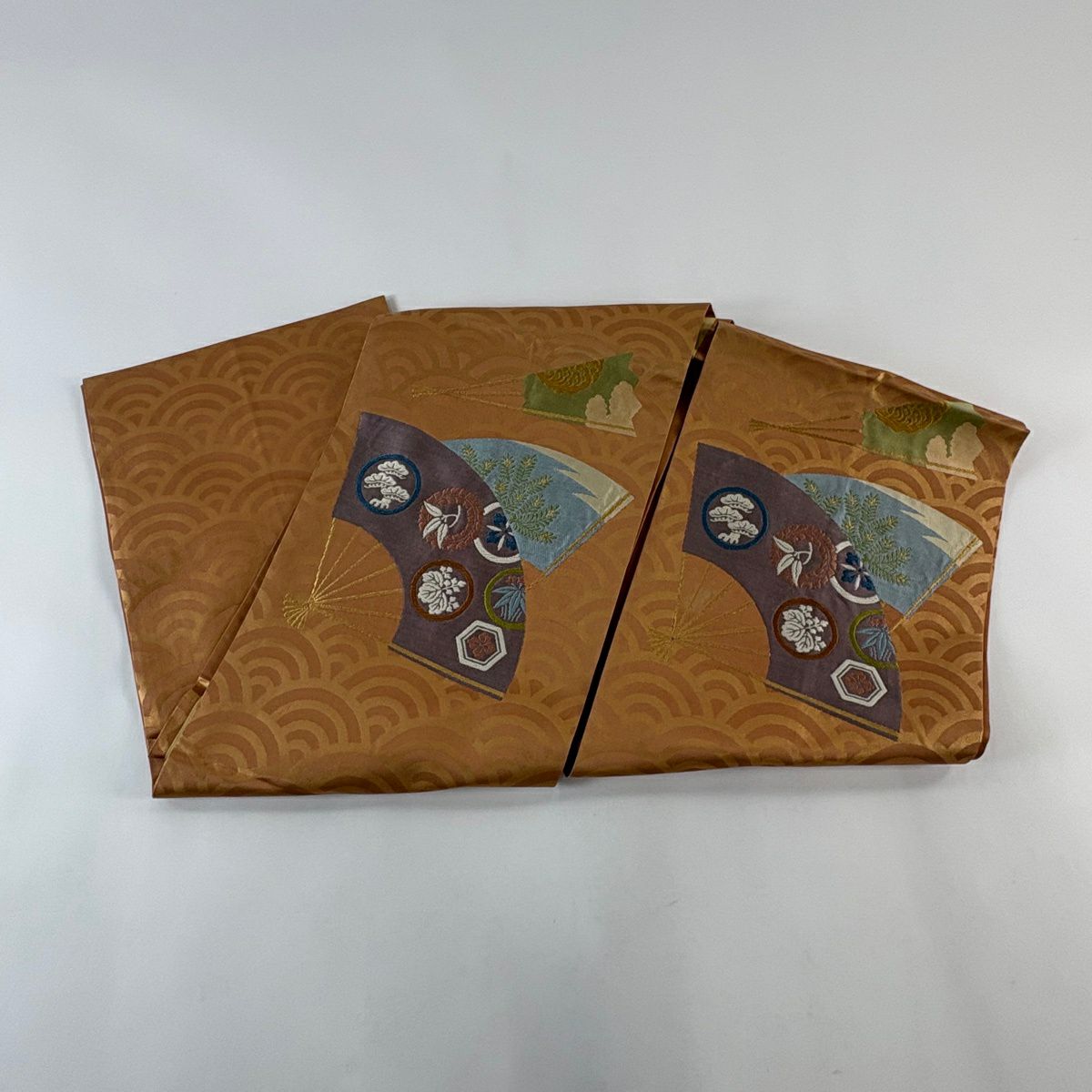 袋帶 秀品級 扇子形 青海波 金金箔 金絲 淺茶 純蠶絲