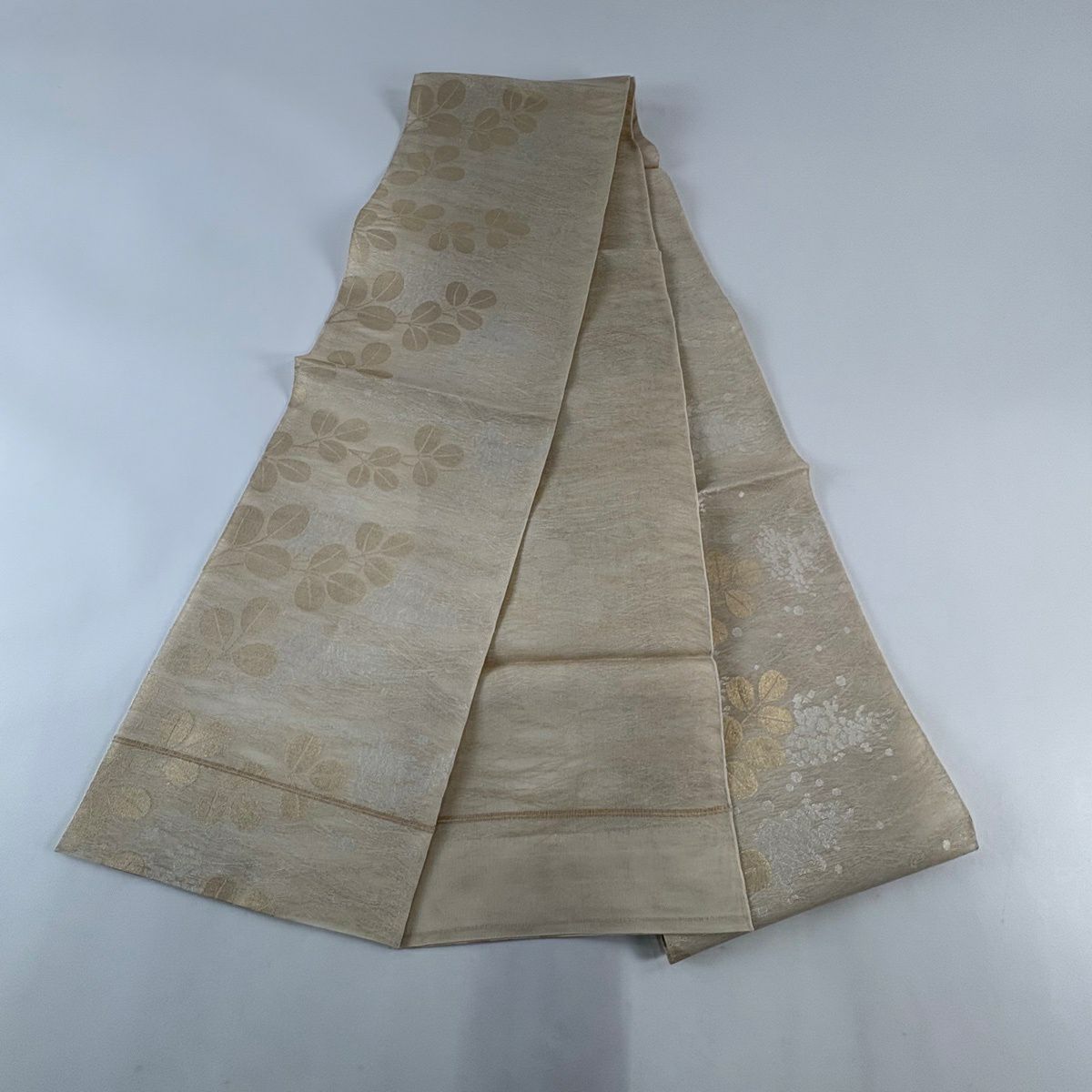 【美品】 袋帶 秀品級 織悅 落款 夏帶 萩 金金箔 米色 全通 純蠶絲