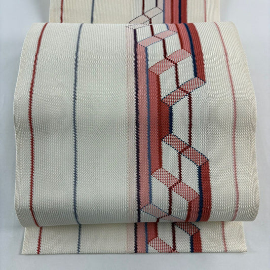 【美品】 名古屋帶 優品級 八寸名古屋帶 松樹葉仕立 幾何學 奶油色 純蠶絲