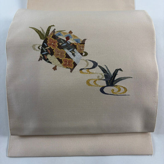 【美品】 名古屋帶 秀品級 八寸名古屋帶 線卷 流水 金銀絲 米色 純蠶絲