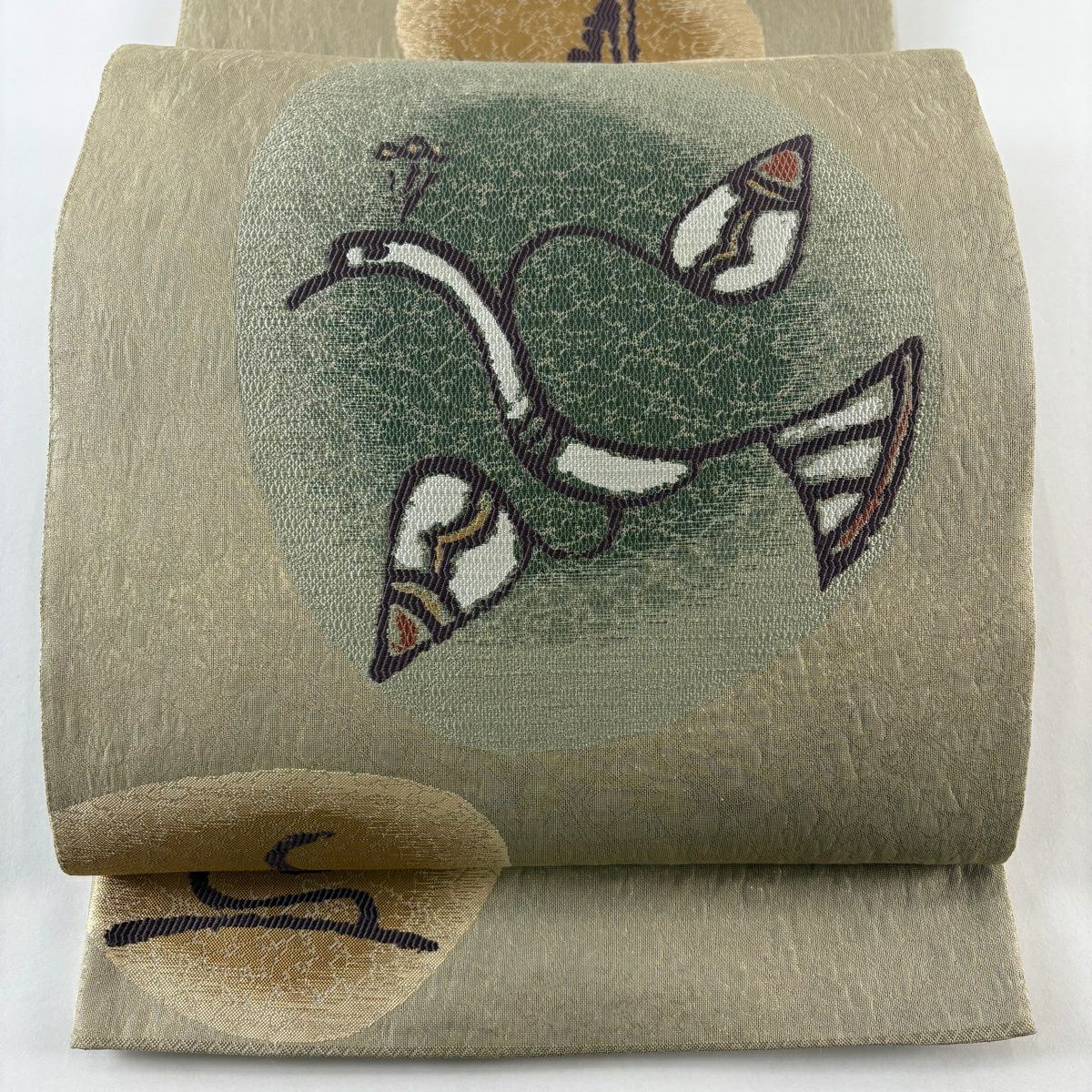 【美品】 袋帶 秀品級 關西仕立 鳥 葉 金絲 灰綠 六通 純蠶絲