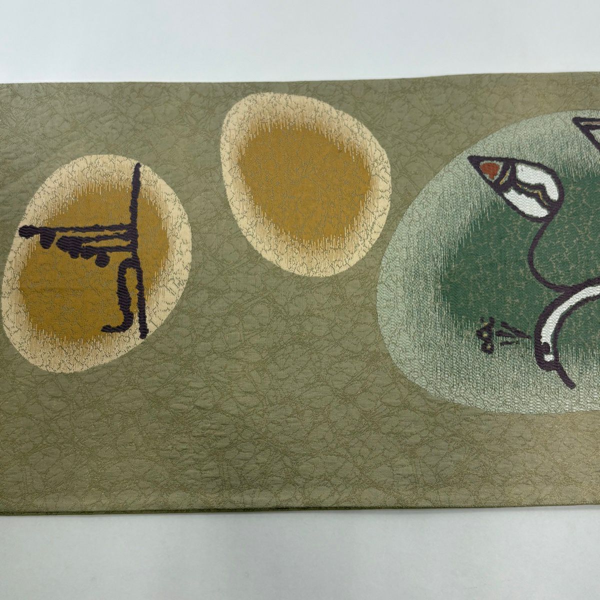 【美品】 袋帶 秀品級 關西仕立 鳥 葉 金絲 灰綠 六通 純蠶絲
