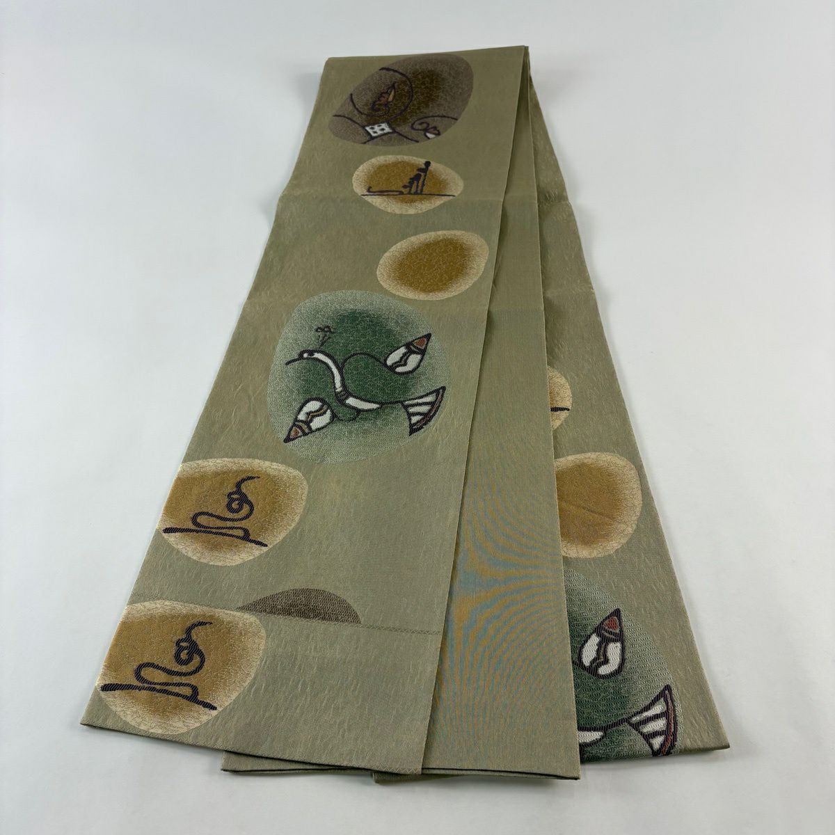 【美品】 袋帶 秀品級 關西仕立 鳥 葉 金絲 灰綠 六通 純蠶絲