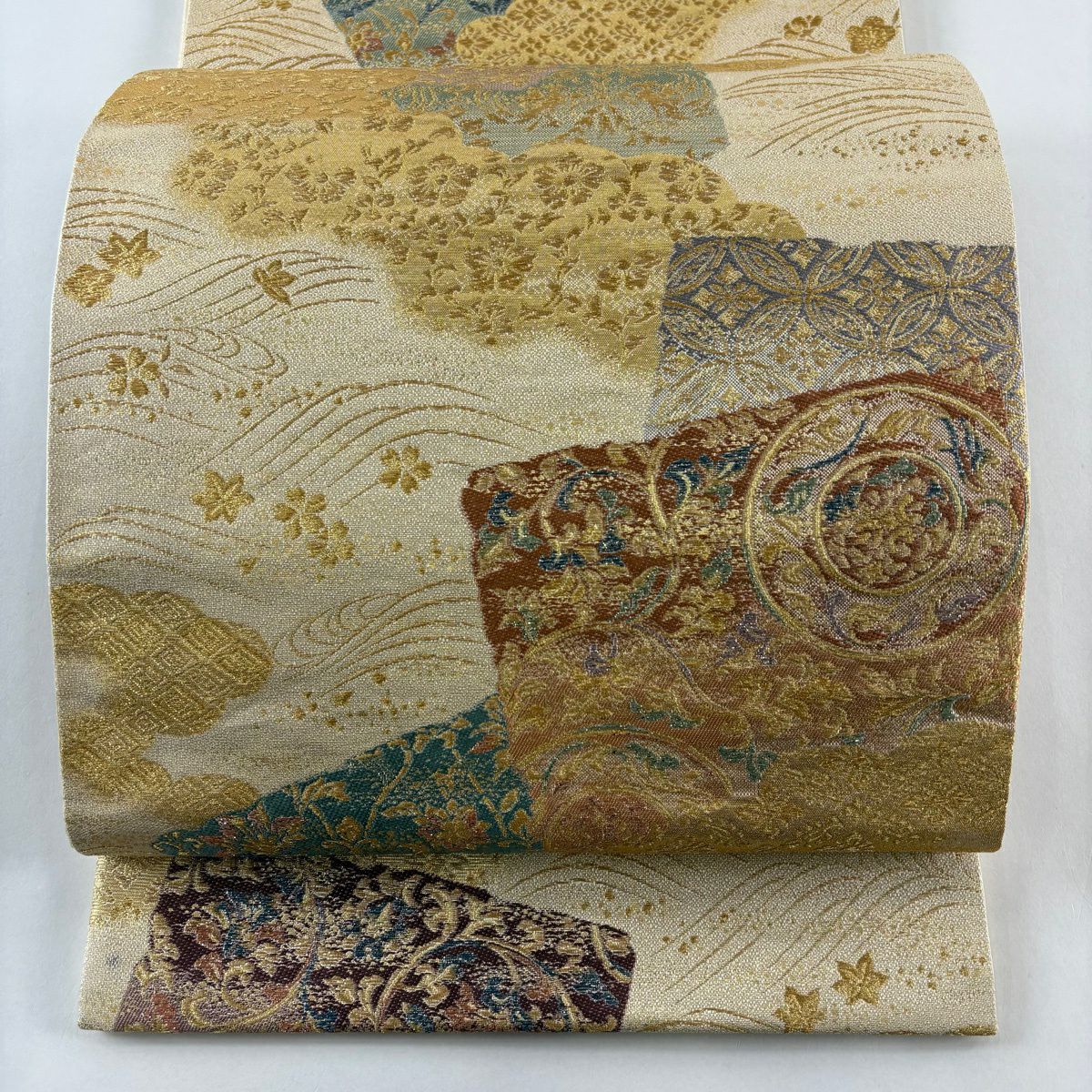 袋帶 秀品級 草花紋紋 雲文 金絲 金金箔 金色 六通 純蠶絲