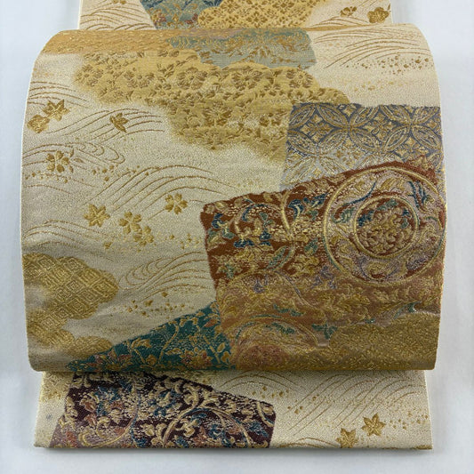袋帶 秀品級 草花紋紋 雲文 金絲 金金箔 金色 六通 純蠶絲