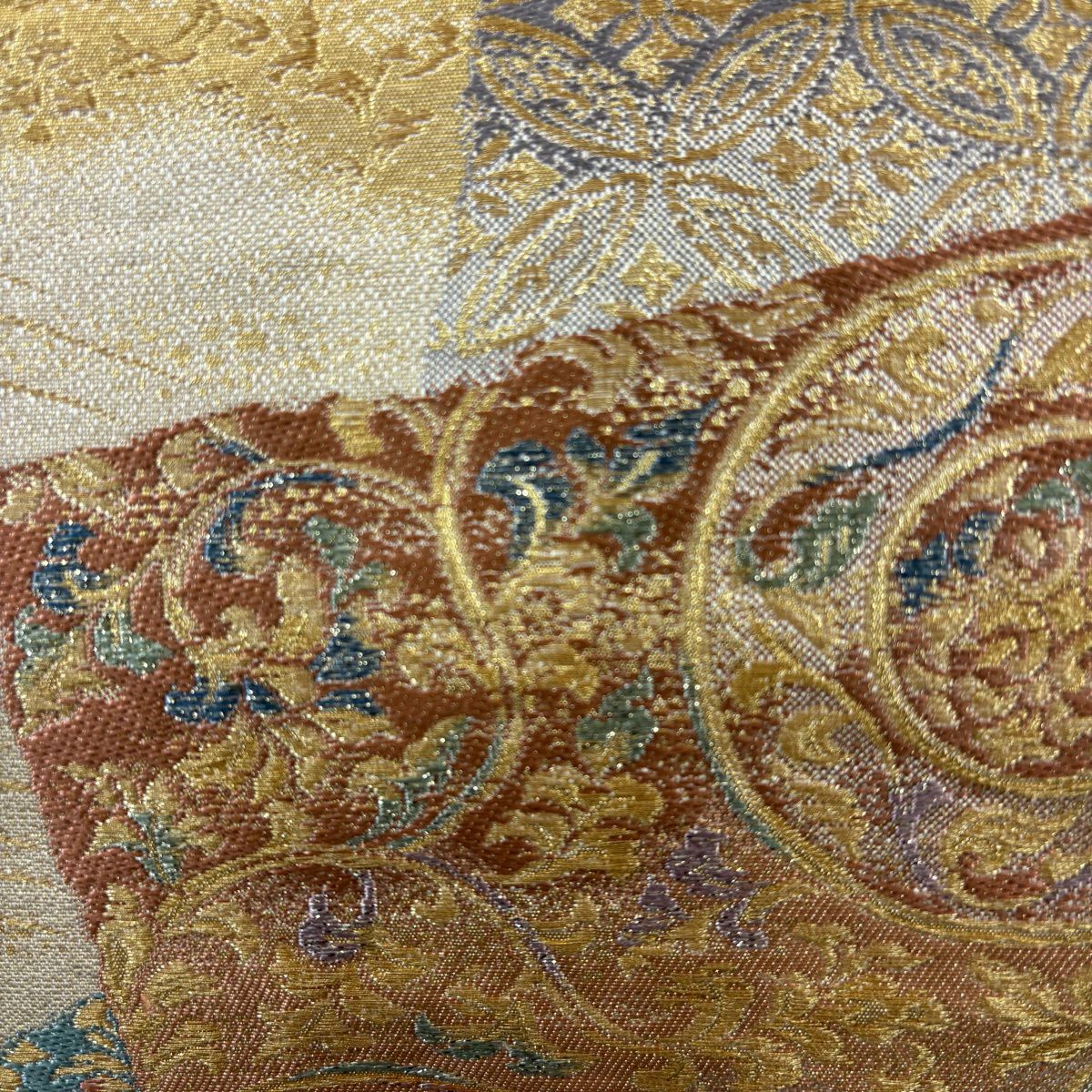 袋帶 秀品級 草花紋紋 雲文 金絲 金金箔 金色 六通 純蠶絲