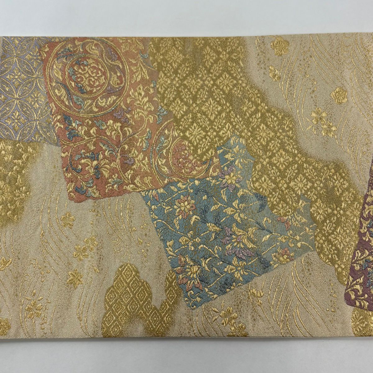 袋帶 秀品級 草花紋紋 雲文 金絲 金金箔 金色 六通 純蠶絲