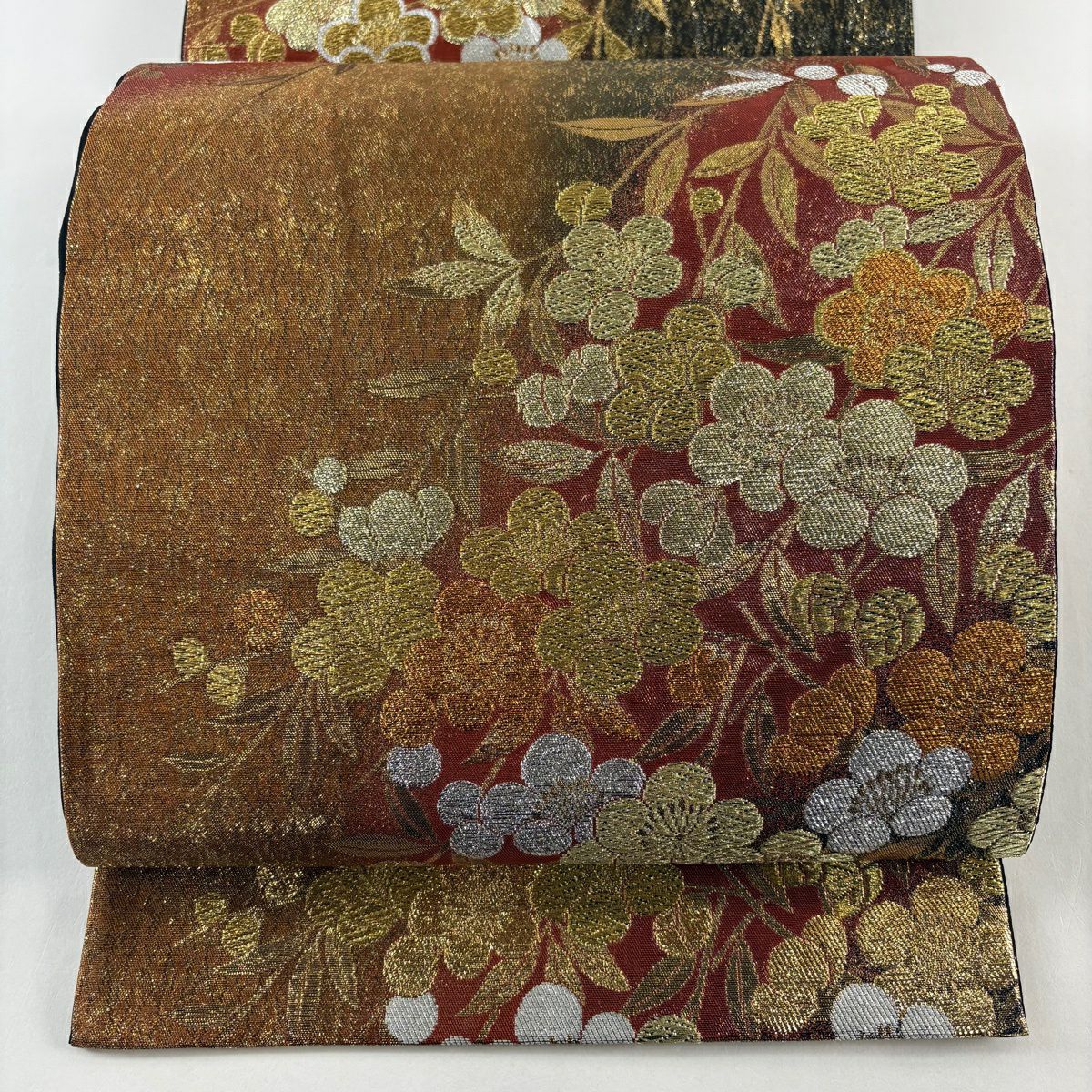 【美品】 袋帶 秀品級 梅花 葉 金銀彩 金金箔 紅茶 六通 純蠶絲