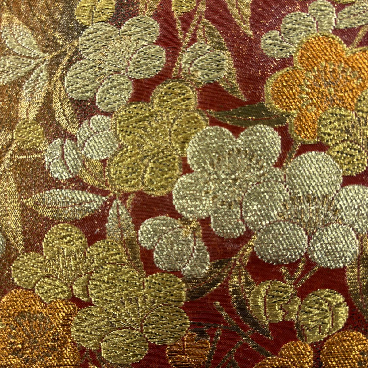 【美品】 袋帶 秀品級 梅花 葉 金銀彩 金金箔 紅茶 六通 純蠶絲