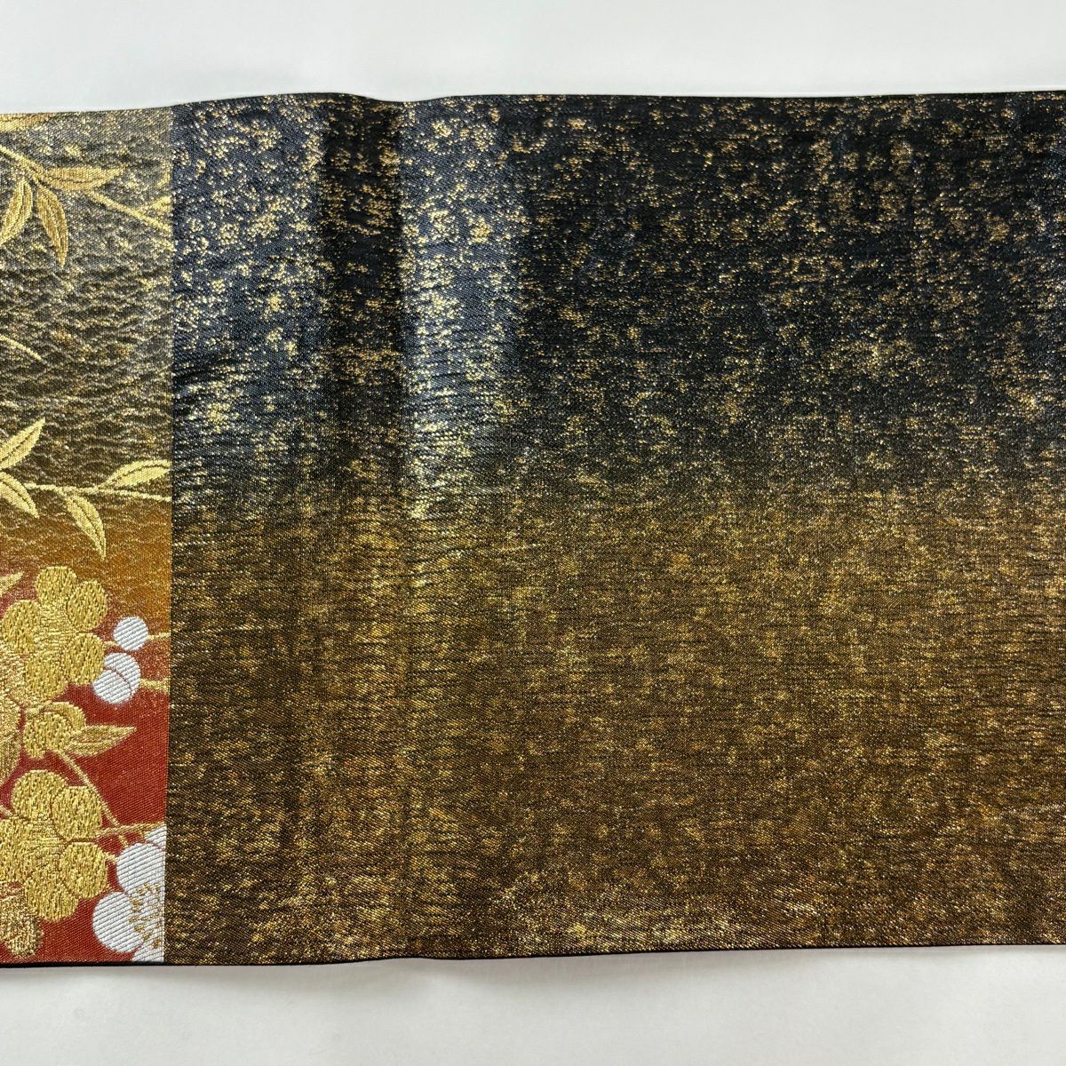 【美品】 袋帶 秀品級 梅花 葉 金銀彩 金金箔 紅茶 六通 純蠶絲