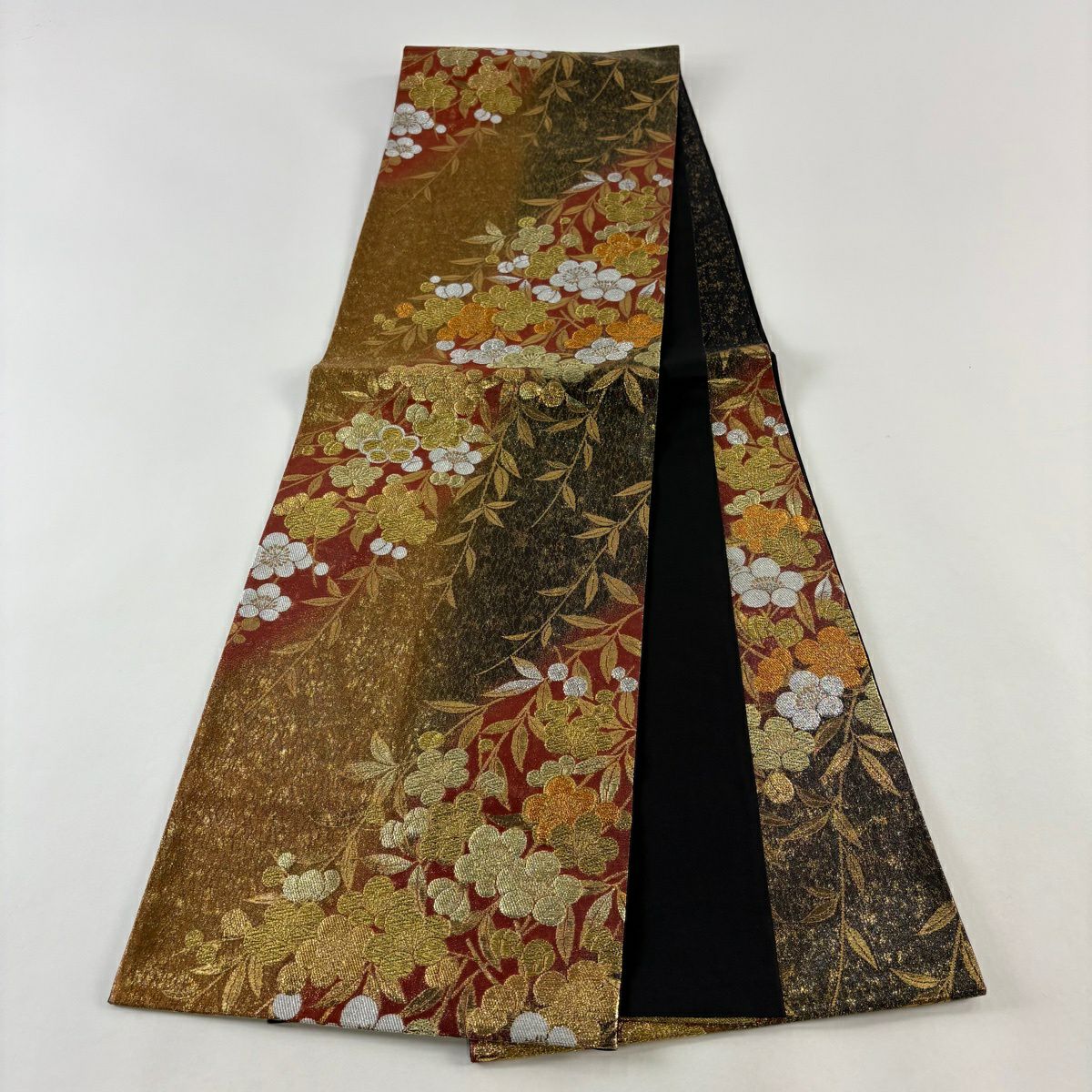 【美品】 袋帶 秀品級 梅花 葉 金銀彩 金金箔 紅茶 六通 純蠶絲