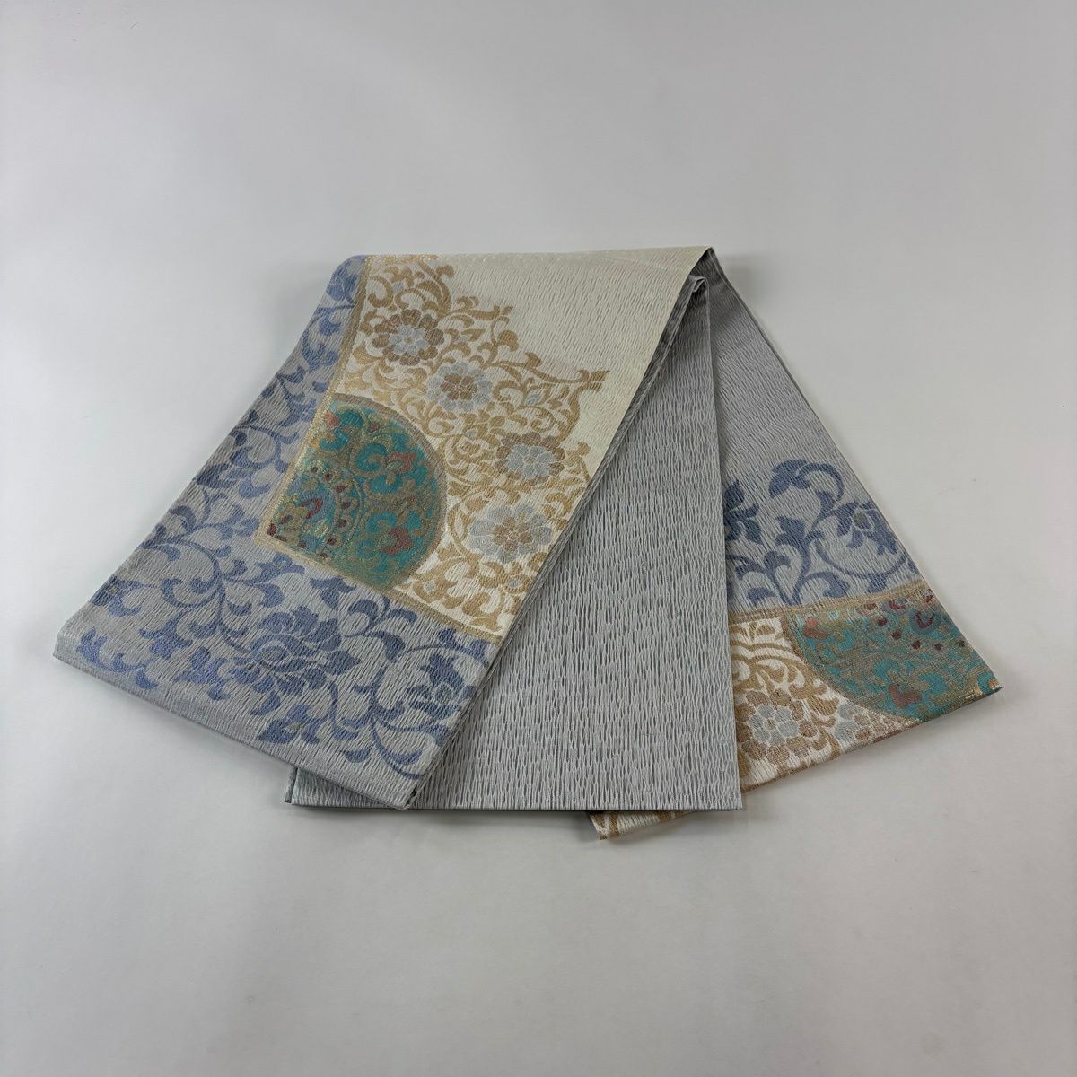 袋帶 秀品級 華紋 花唐草紋 金絲 金金箔 青灰 素材 純蠶絲