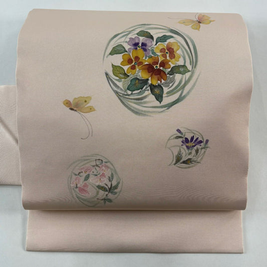 【美品】 名古屋帶 秀品級 花丸紋 蝴蝶 金銀彩 淺粉色 純蠶絲