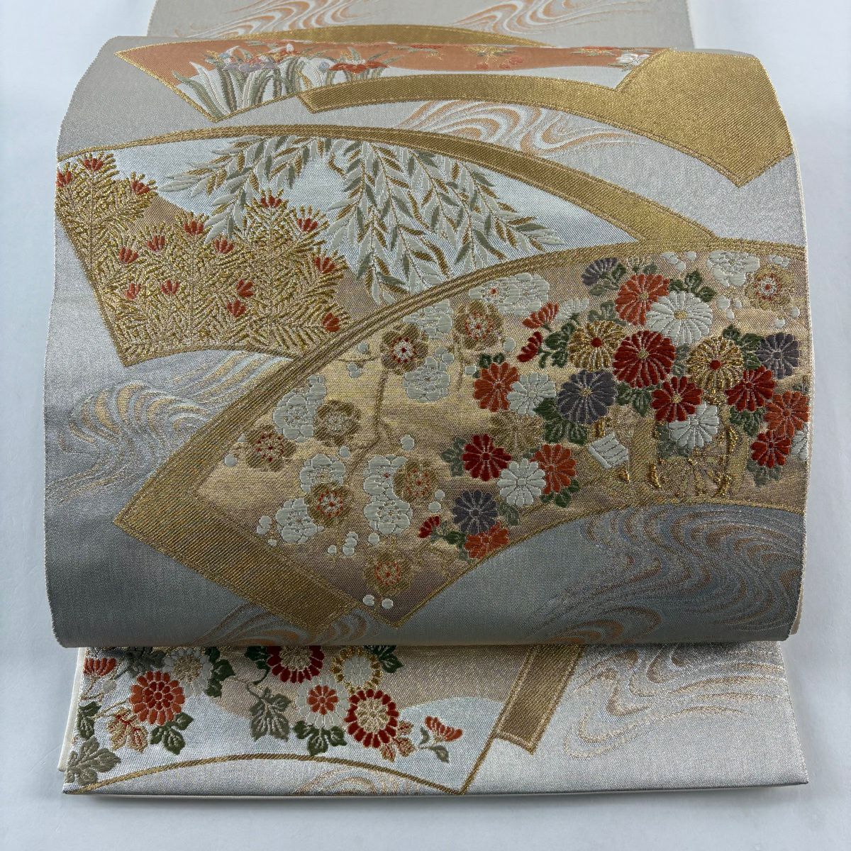 【美品】 袋帶 秀品級 鈴乃屋 扇子面 花車 金銀彩 金金箔 銀 六通 純蠶絲