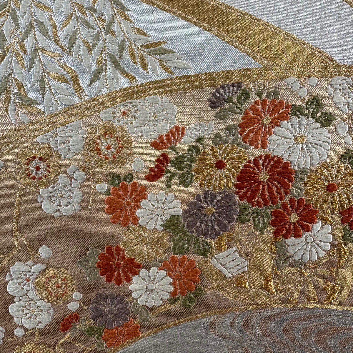【美品】 袋帶 秀品級 鈴乃屋 扇子面 花車 金銀彩 金金箔 銀 六通 純蠶絲
