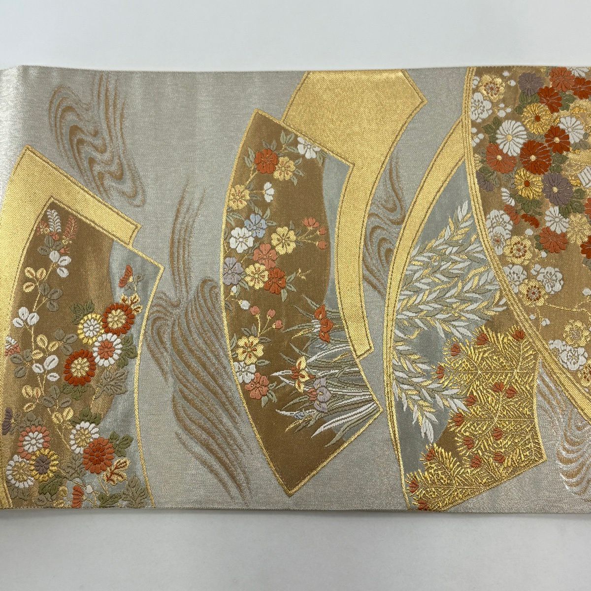 【美品】 袋帶 秀品級 鈴乃屋 扇子面 花車 金銀彩 金金箔 銀 六通 純蠶絲