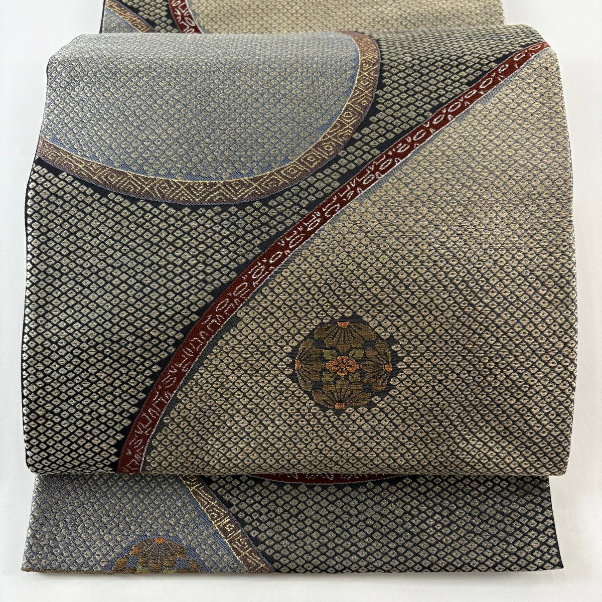 【美品】 袋帶 秀品級 疋田 草花紋 金糸 金金箔 灰 深藍 六通 純蠶絲