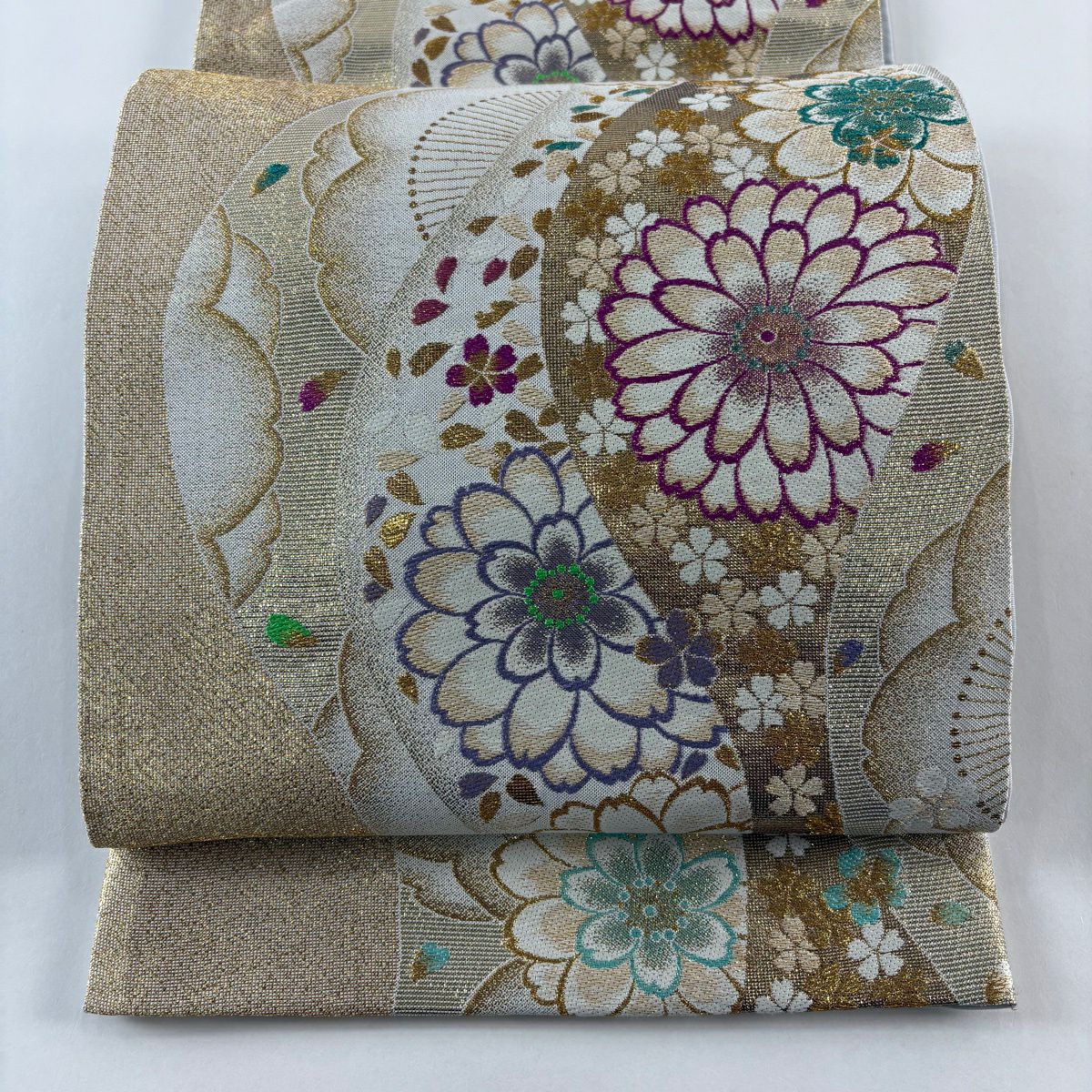 【美品】 袋帶 秀品級 鈴乃屋 菊花花 櫻花花 金絲 金金箔 金色 六通 純蠶絲