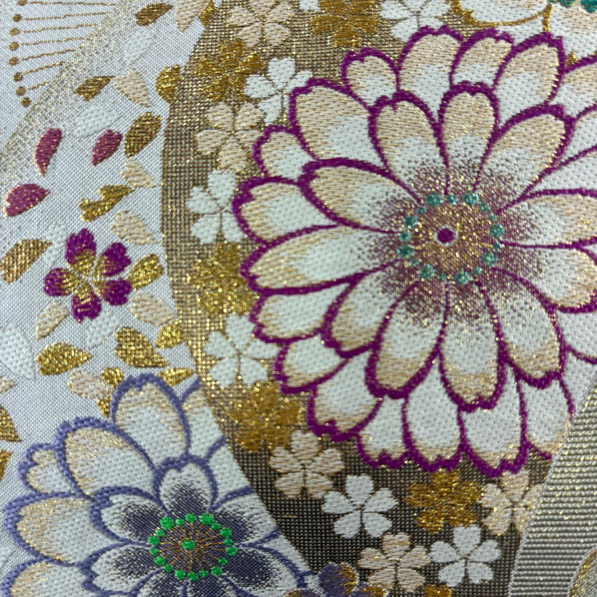 【美品】 袋帶 秀品級 鈴乃屋 菊花花 櫻花花 金絲 金金箔 金色 六通 純蠶絲