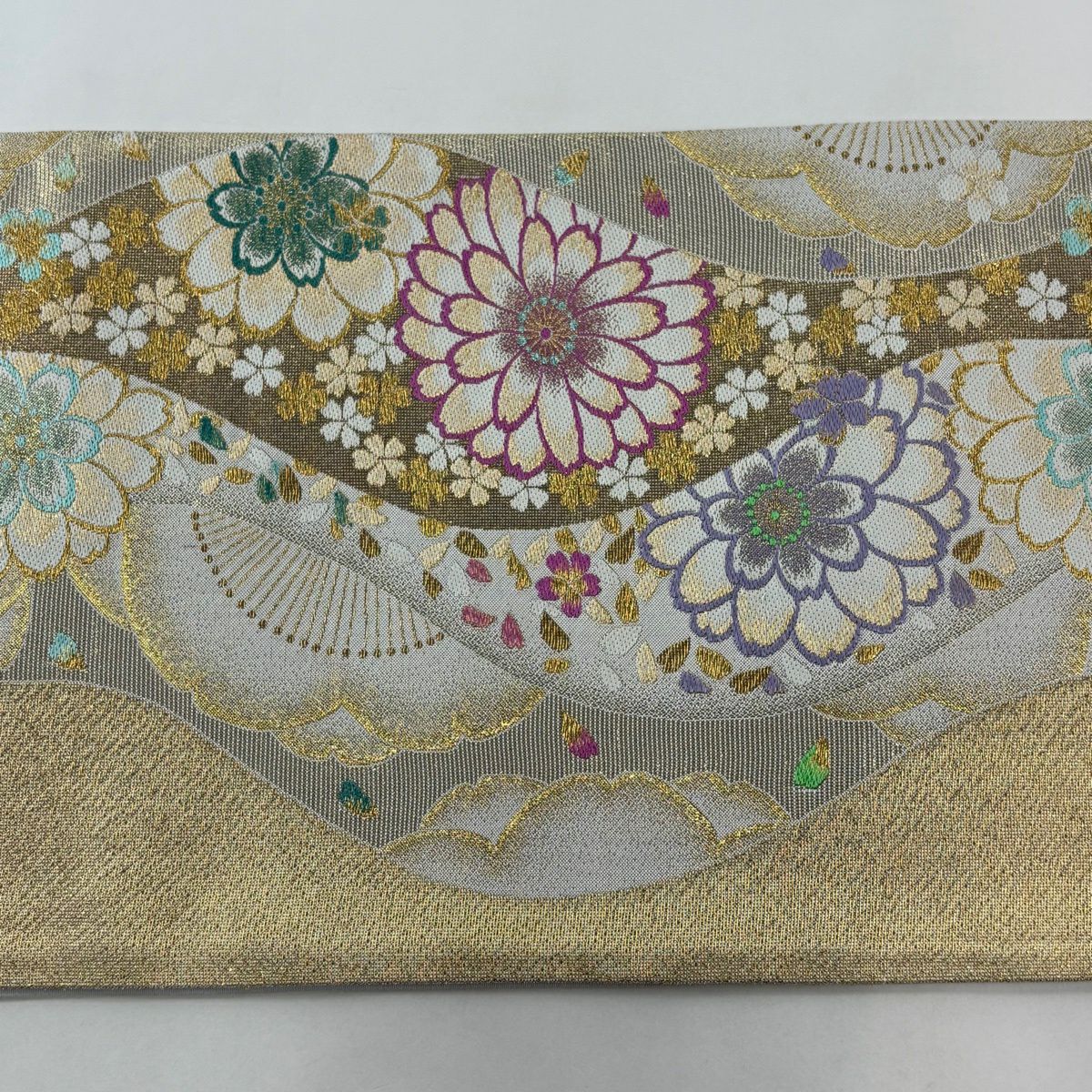 【美品】 袋帶 秀品級 鈴乃屋 菊花花 櫻花花 金絲 金金箔 金色 六通 純蠶絲
