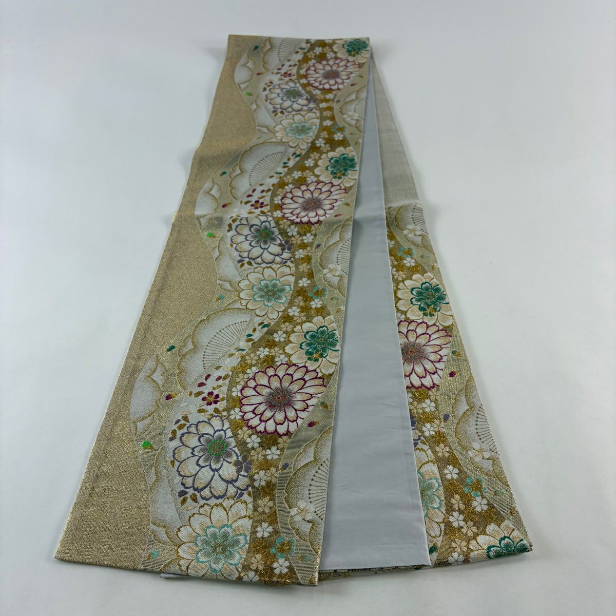 【美品】 袋帶 秀品級 鈴乃屋 菊花花 櫻花花 金絲 金金箔 金色 六通 純蠶絲