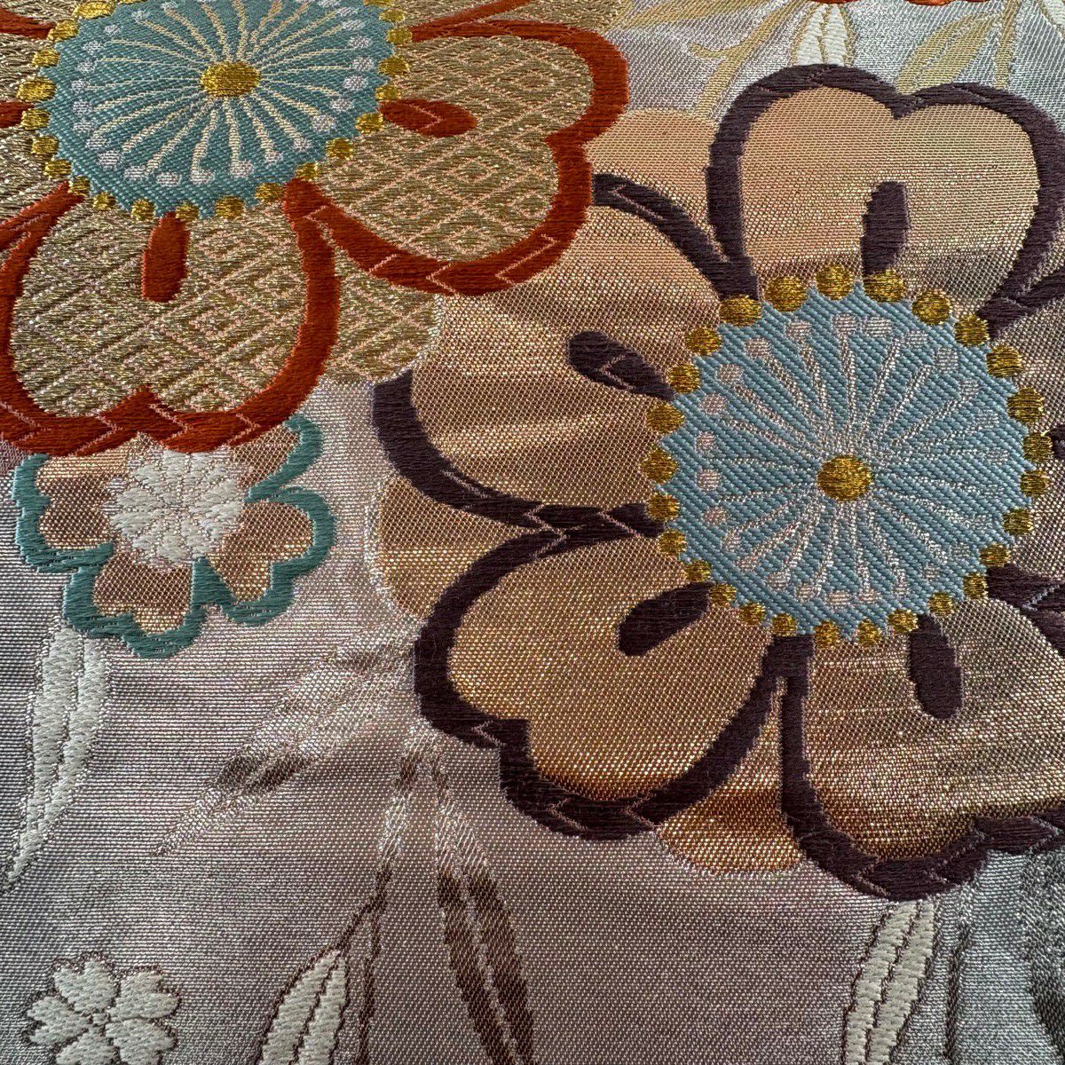 【美品】 袋帶 秀品級 關西仕立 雜花瓣 金銀線 金金箔 淺粉色 六通 純蠶絲