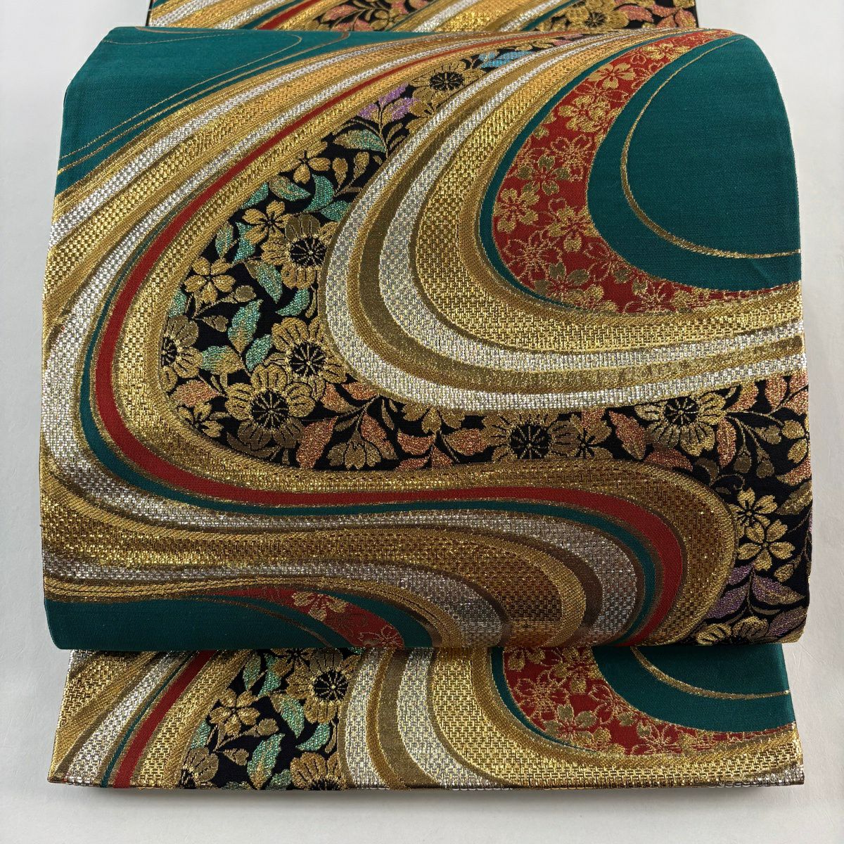 【美品】 袋帶 秀品級 樱花 流水 金絲 金金箔 綠 六通 純蠶絲