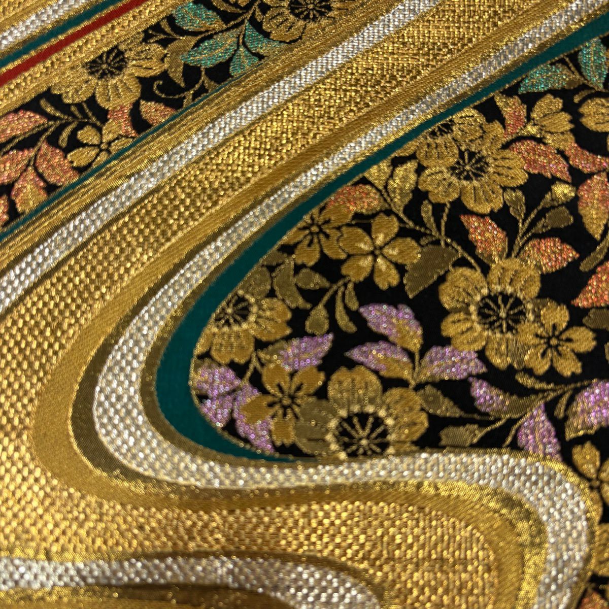【美品】 袋帶 秀品級 樱花 流水 金絲 金金箔 綠 六通 純蠶絲