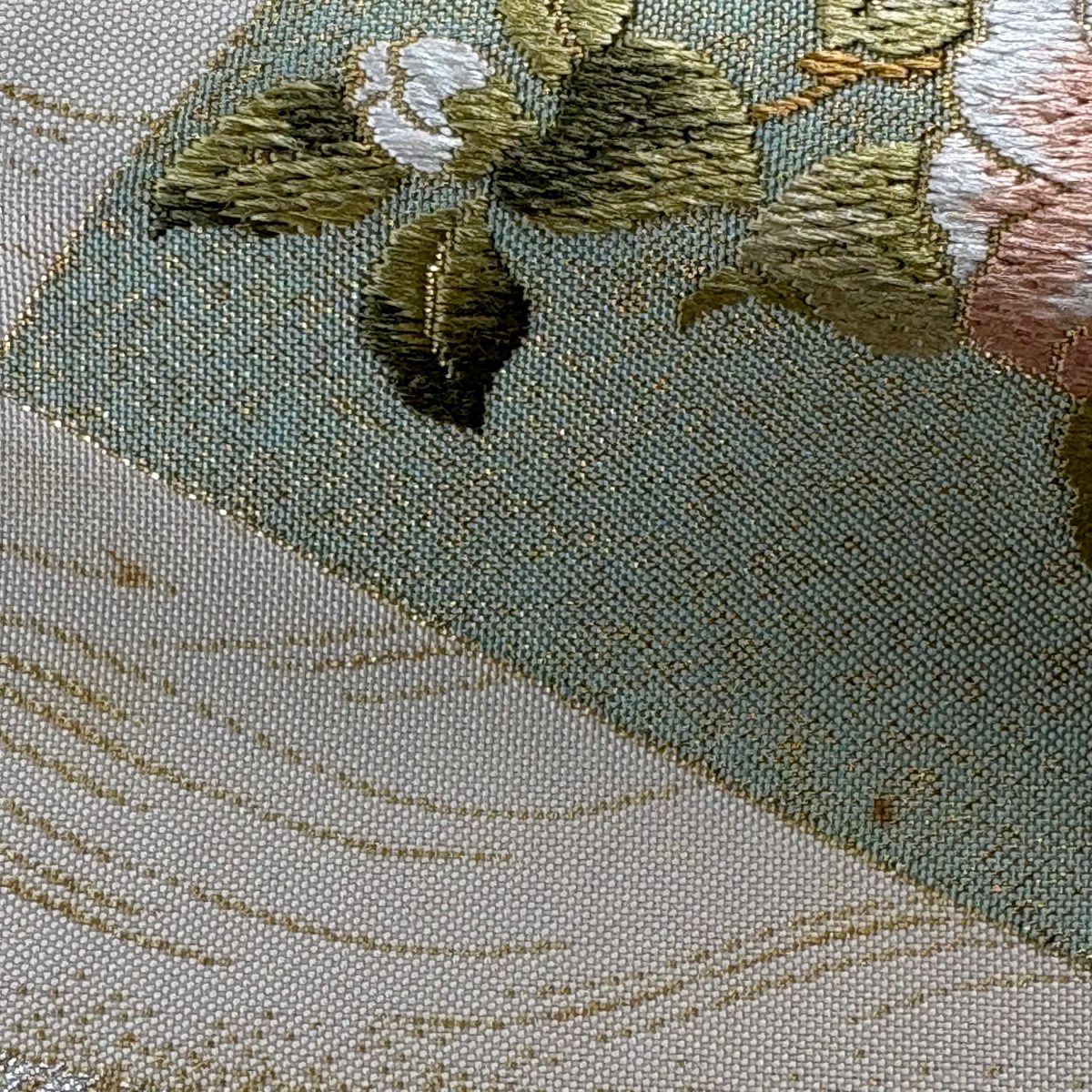 袋帶 秀品級 扇子面 草花紋 金銀彩 金金箔 米色 六通 純蠶絲