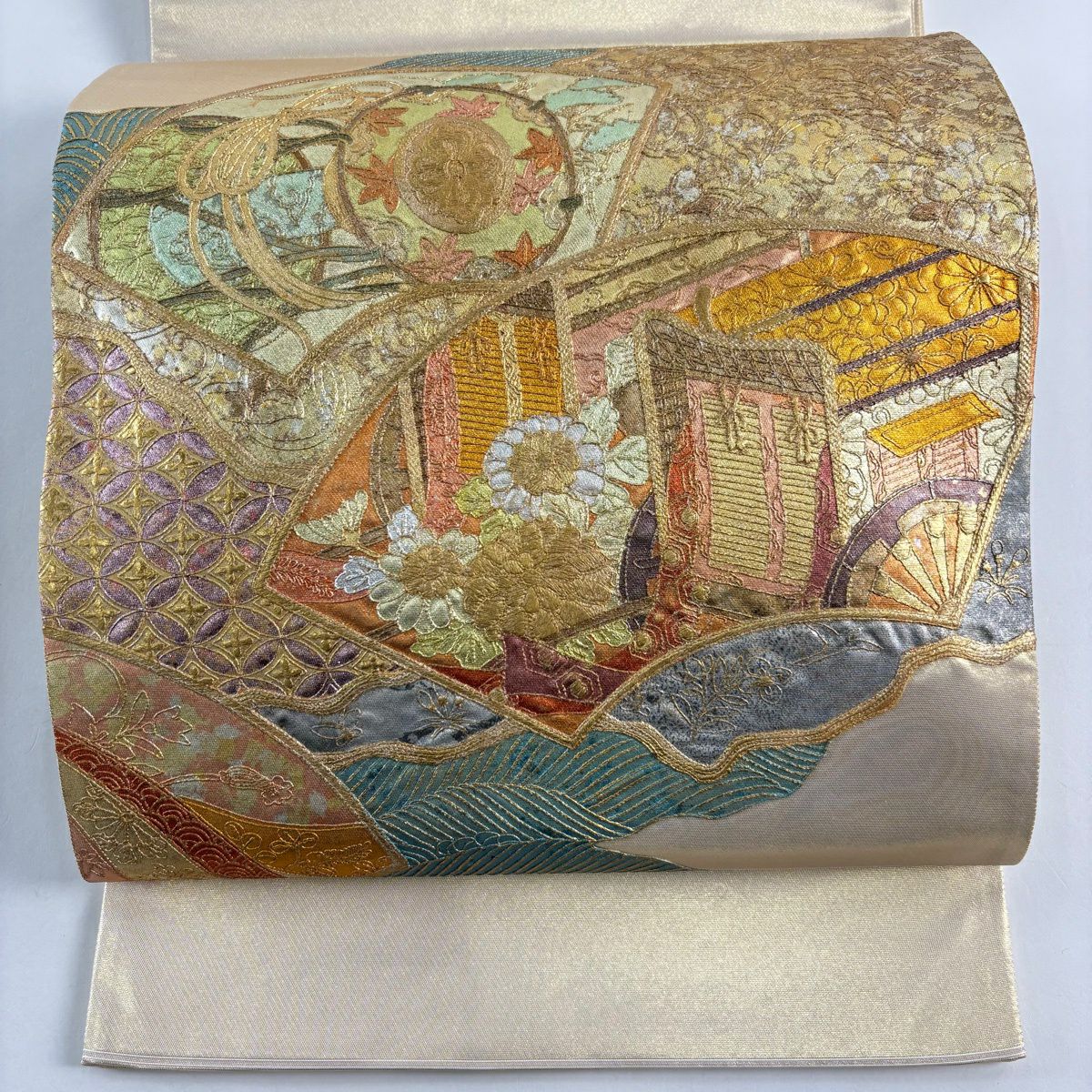 【美品】 袋帶 秀品級 關西仕立 扇子面 御所車 金銀彩 金絲 金 純蠶絲