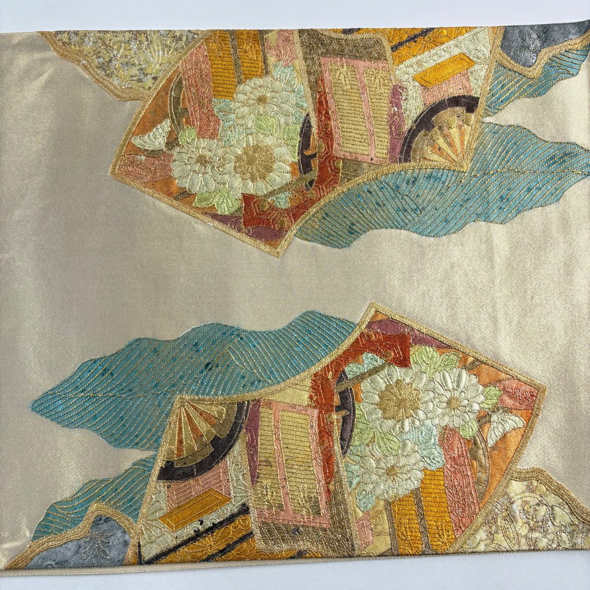 【美品】 袋帶 秀品級 關西仕立 扇子面 御所車 金銀彩 金絲 金 純蠶絲