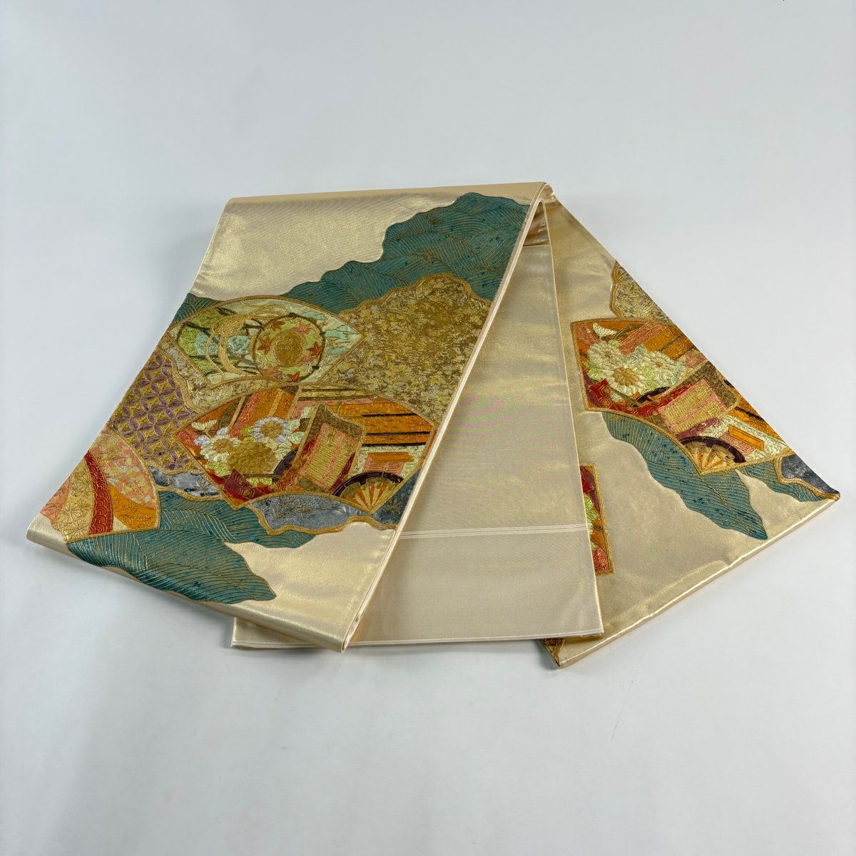 【美品】 袋帶 秀品級 關西仕立 扇子面 御所車 金銀彩 金絲 金 純蠶絲