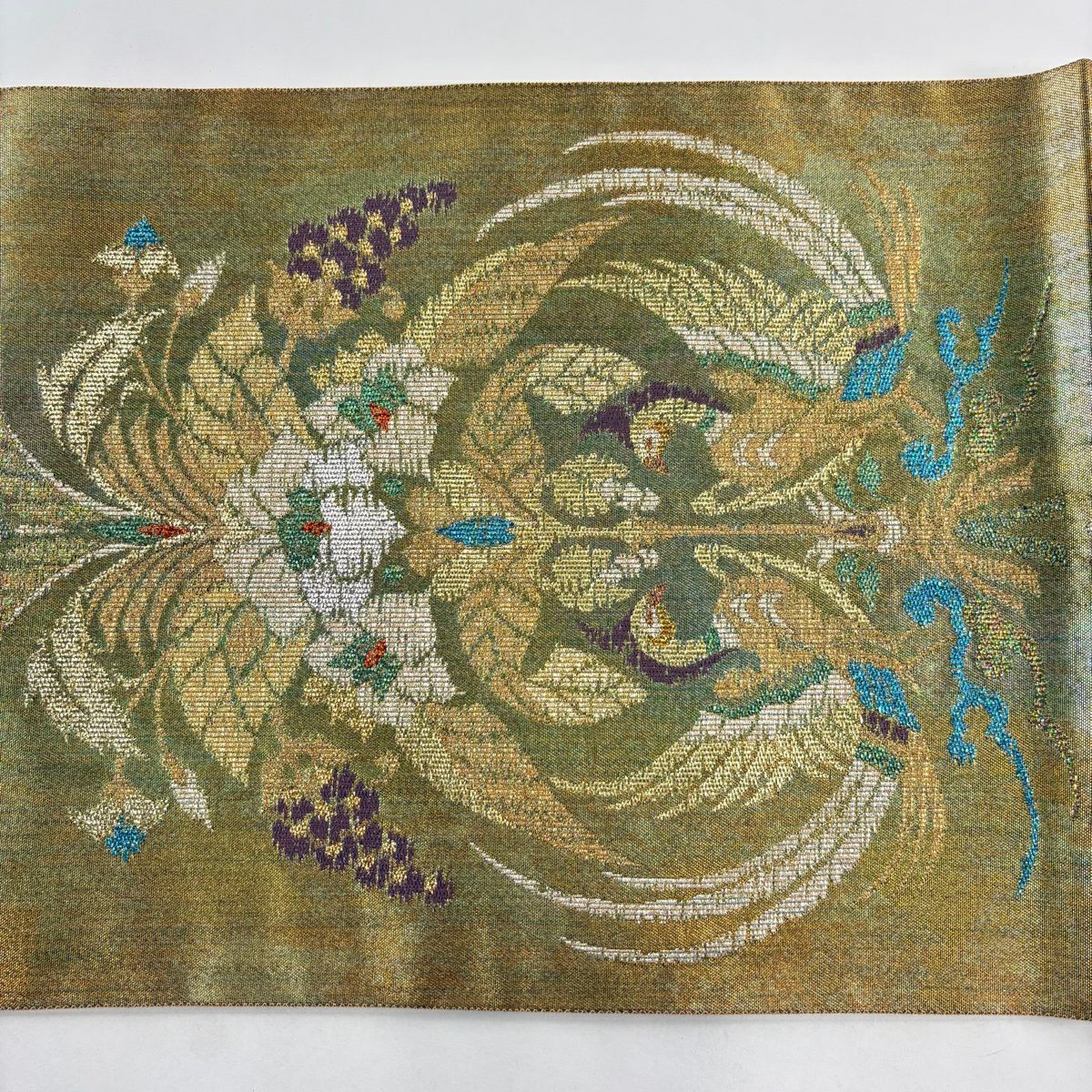 袋帶 秀品級 青銅金箔 關西仕立 樹下鳥獸文 金箔 金絲 金 六通 純蠶絲