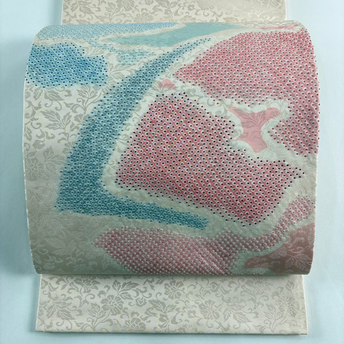 【美品】 袋帶 秀品級 疋田 幾何學 相良刺繡 薄粉紅 お太鼓圖案 純蠶絲