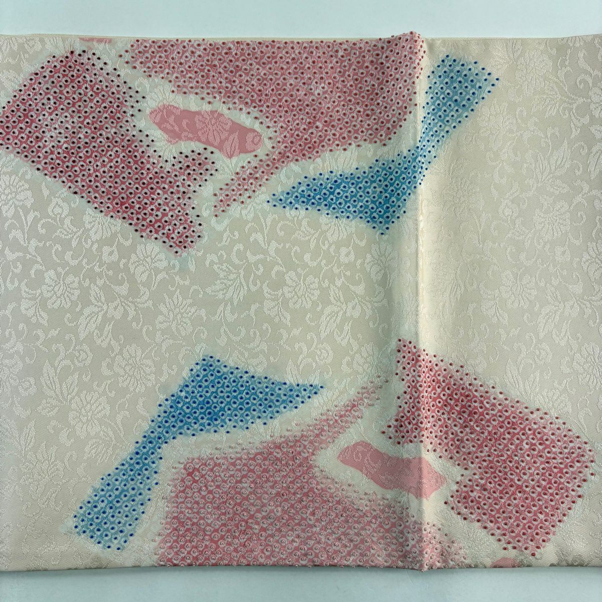 【美品】 袋帶 秀品級 疋田 幾何學 相良刺繡 薄粉紅 お太鼓圖案 純蠶絲