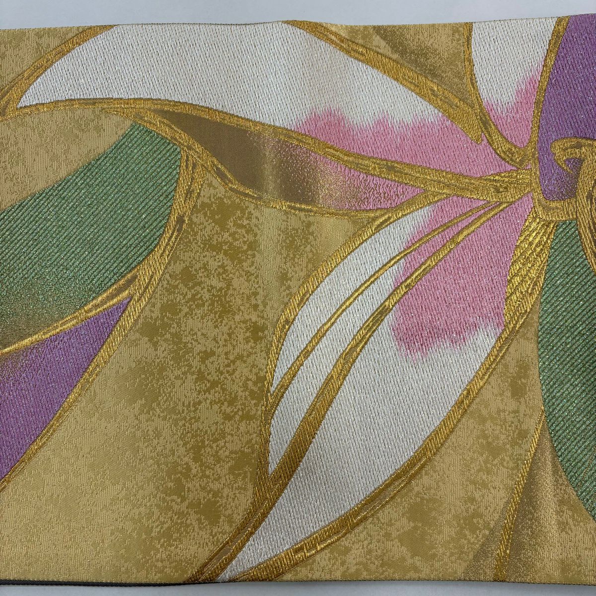 【美品】 袋帶 秀品級 花振舞 長尺織 西陣 可逆 花 金絲 金金箔 黃色 六通 純蠶絲