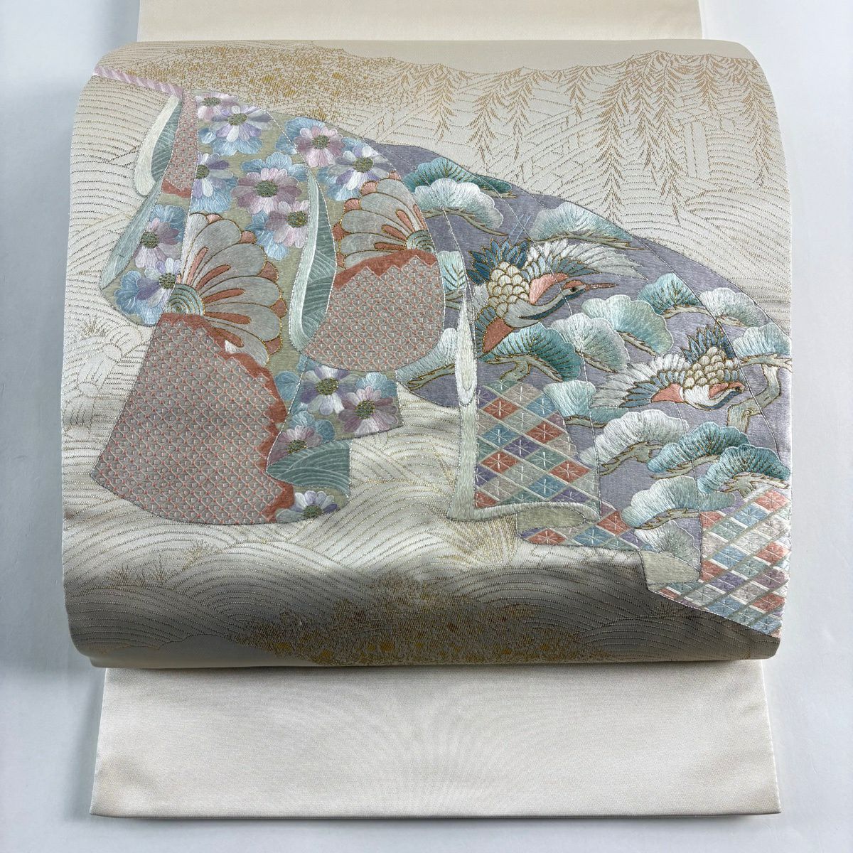 袋帶 秀品級 誰袖 仙鶴 蘇州刺繡 金金箔 奶油色 大鼓圖案 純蠶絲