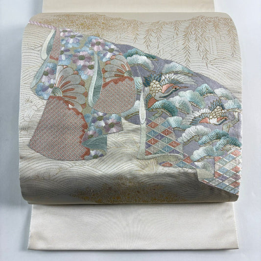 袋帶 秀品級 誰袖 仙鶴 蘇州刺繡 金金箔 奶油色 大鼓圖案 純蠶絲