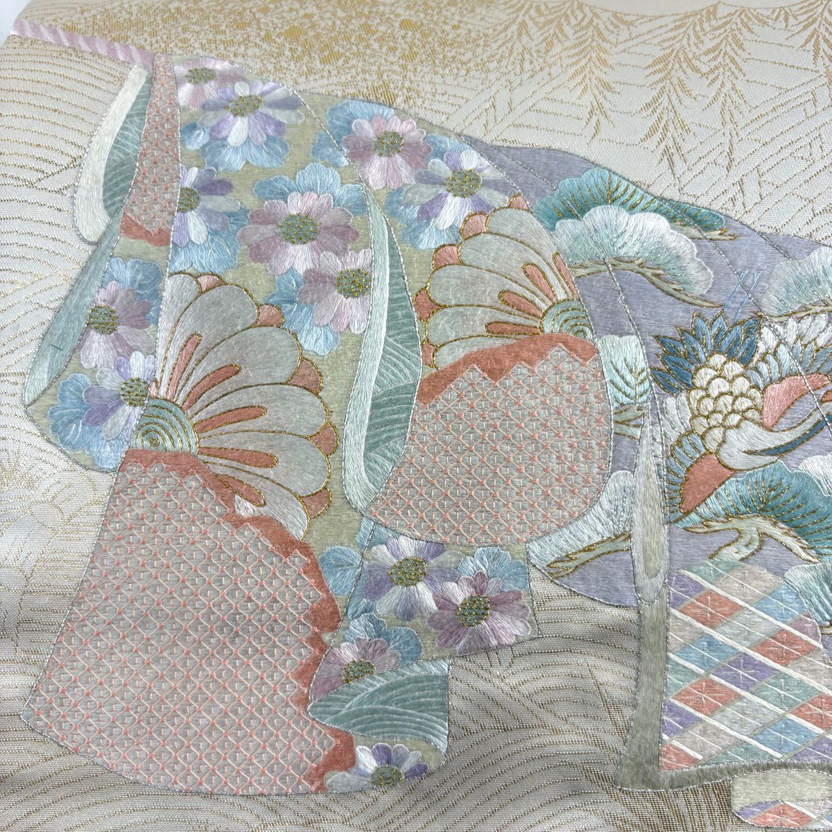 袋帶 秀品級 誰袖 仙鶴 蘇州刺繡 金金箔 奶油色 大鼓圖案 純蠶絲