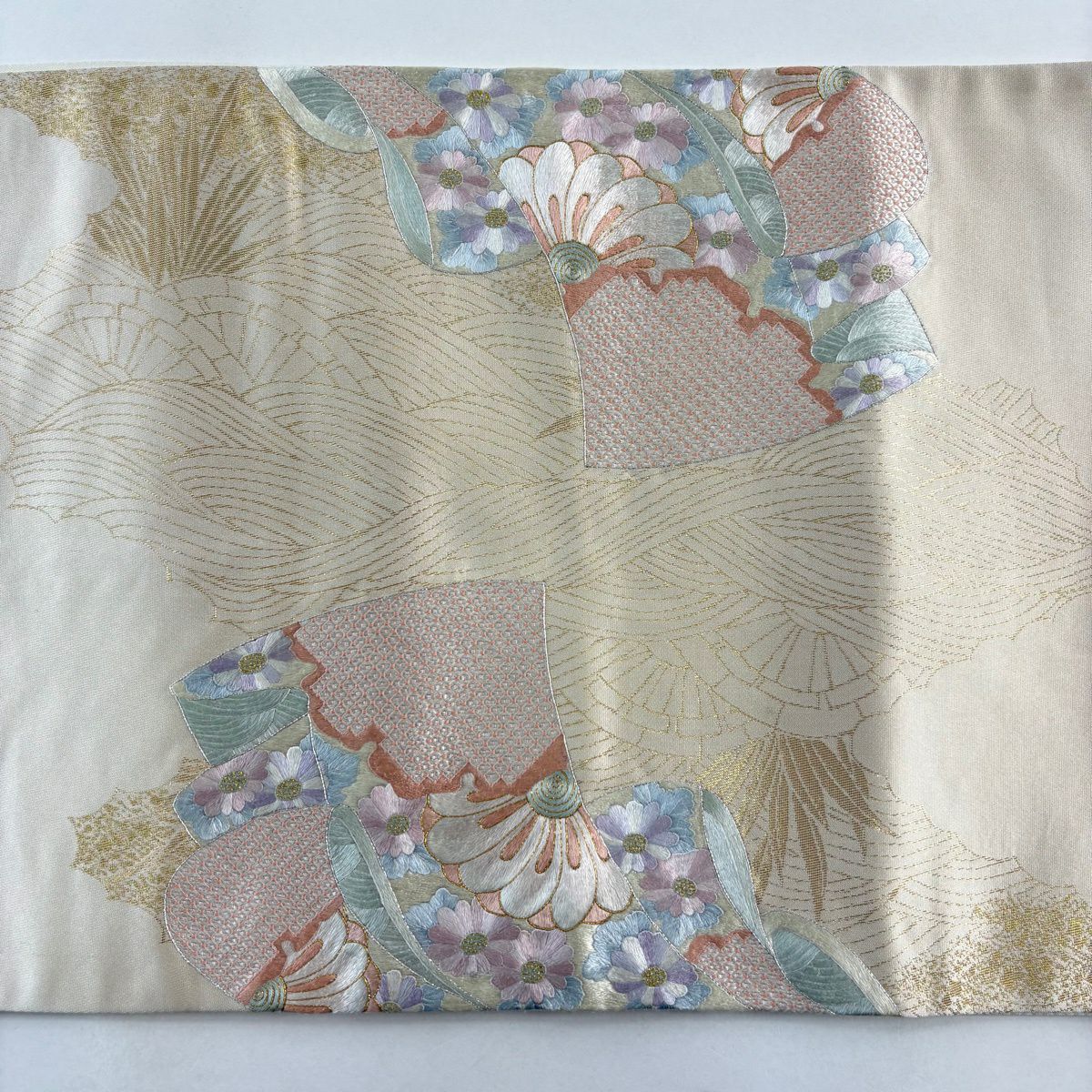 袋帶 秀品級 誰袖 仙鶴 蘇州刺繡 金金箔 奶油色 大鼓圖案 純蠶絲