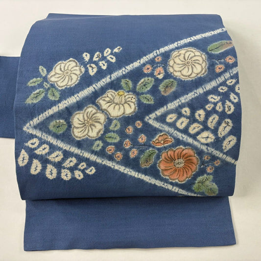 【美品】 名古屋帶 秀品級 草花紋紋 椿 絞染 青 純蠶絲