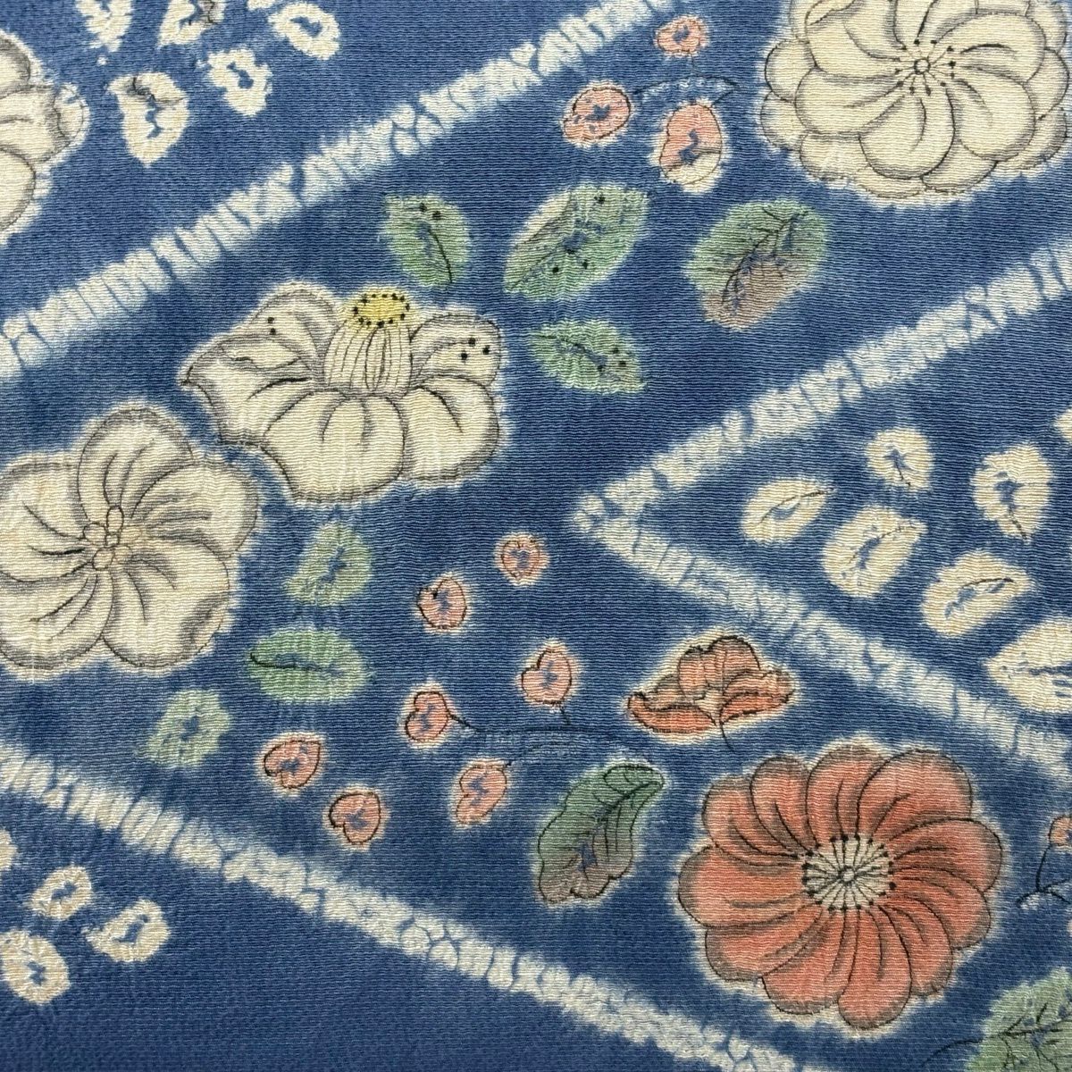 【美品】 名古屋帶 秀品級 草花紋紋 椿 絞染 青 純蠶絲