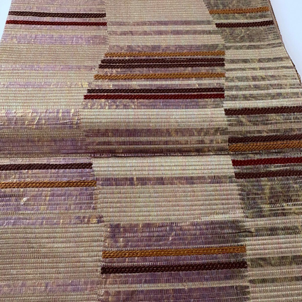 【美品】 袋帶 秀品級 縞 幾何學圖案 金銀彩 茶綠 六通 純蠶絲