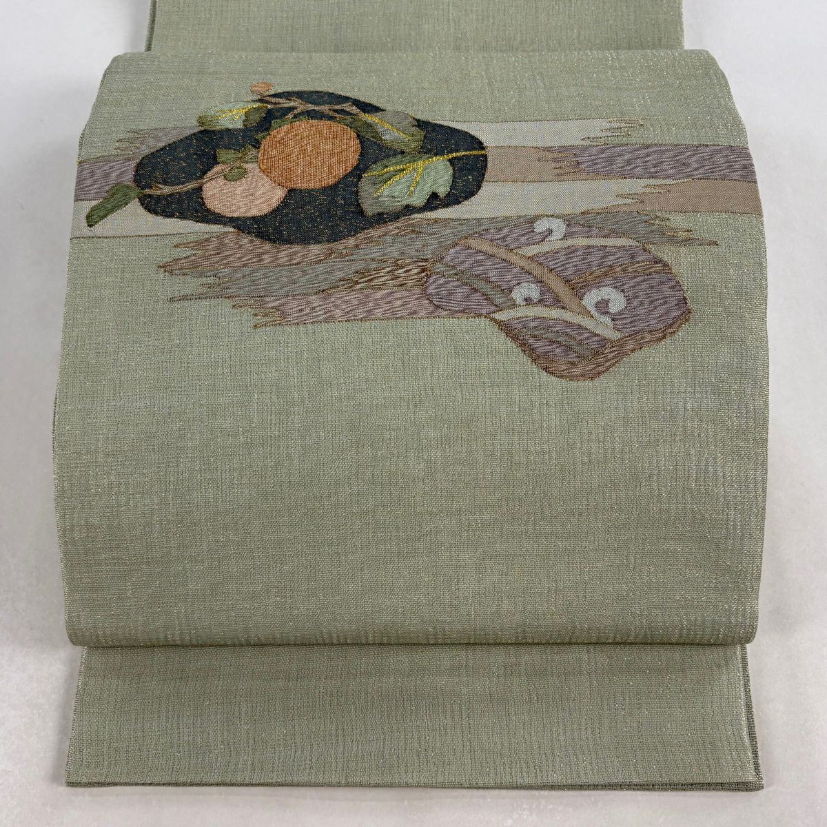 【美品】 袋帶 秀品級 葉與實 霞 金絲 淺綠色 大鼓圖案 純蠶絲